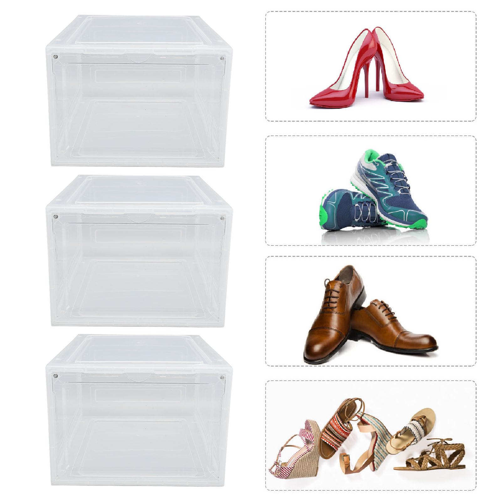 Sorandy Caja de Almacenamiento de Zapatos, Organizador de Zapatos Apilable Transparente con Apertura Lateral Gruesa y Puerta Frontal Magnética para, Ropa, Sombreros, Juguetes, 34,5x27,2x19cm