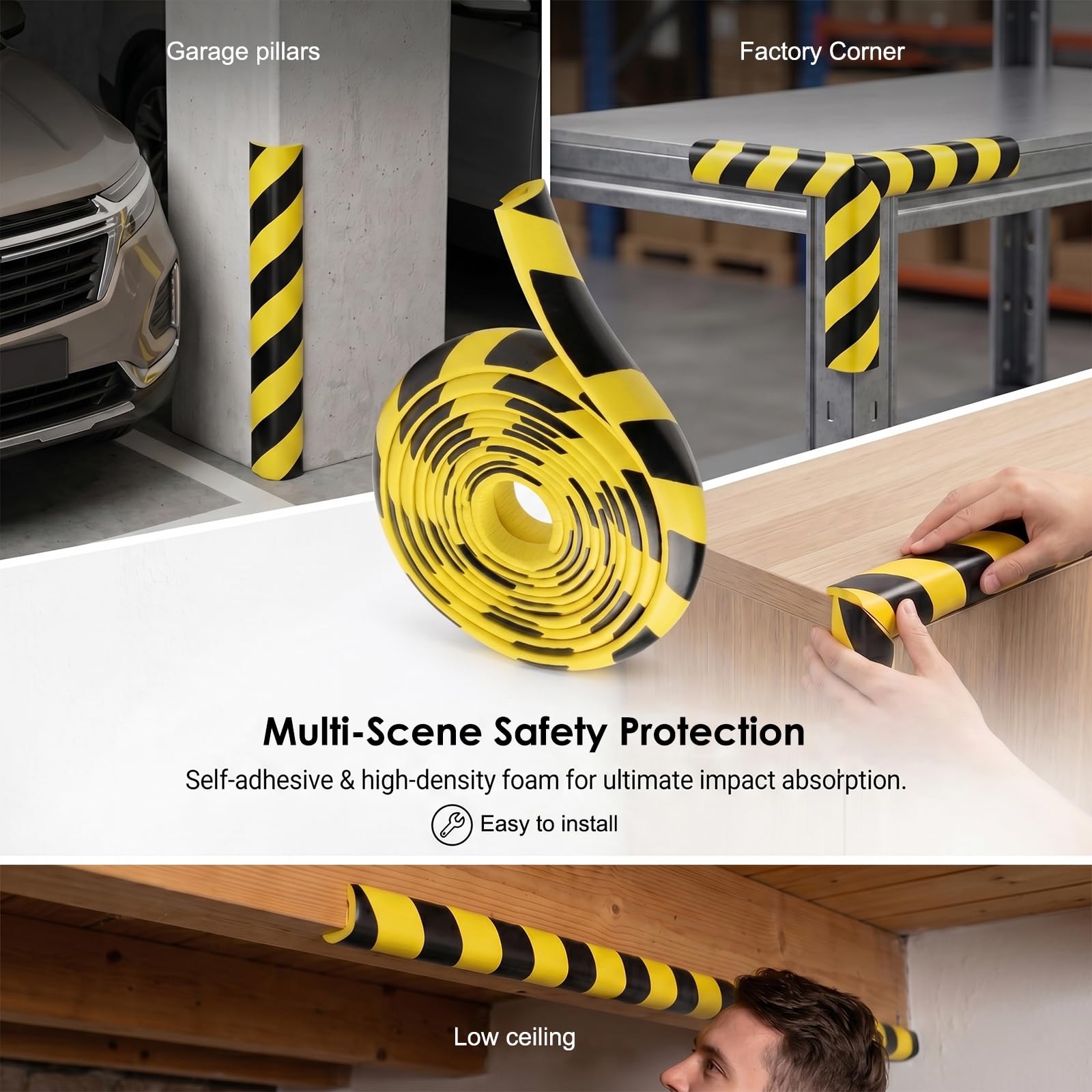 RANJIMA Protection d'angle en Mousse NBR - en Forme de L - 5 m - Noir et Jaune - Protection Contre Les Chocs - Profilé de Protection des Bords Autocollant - pour Garage, entrepôt, Mur, colonnes