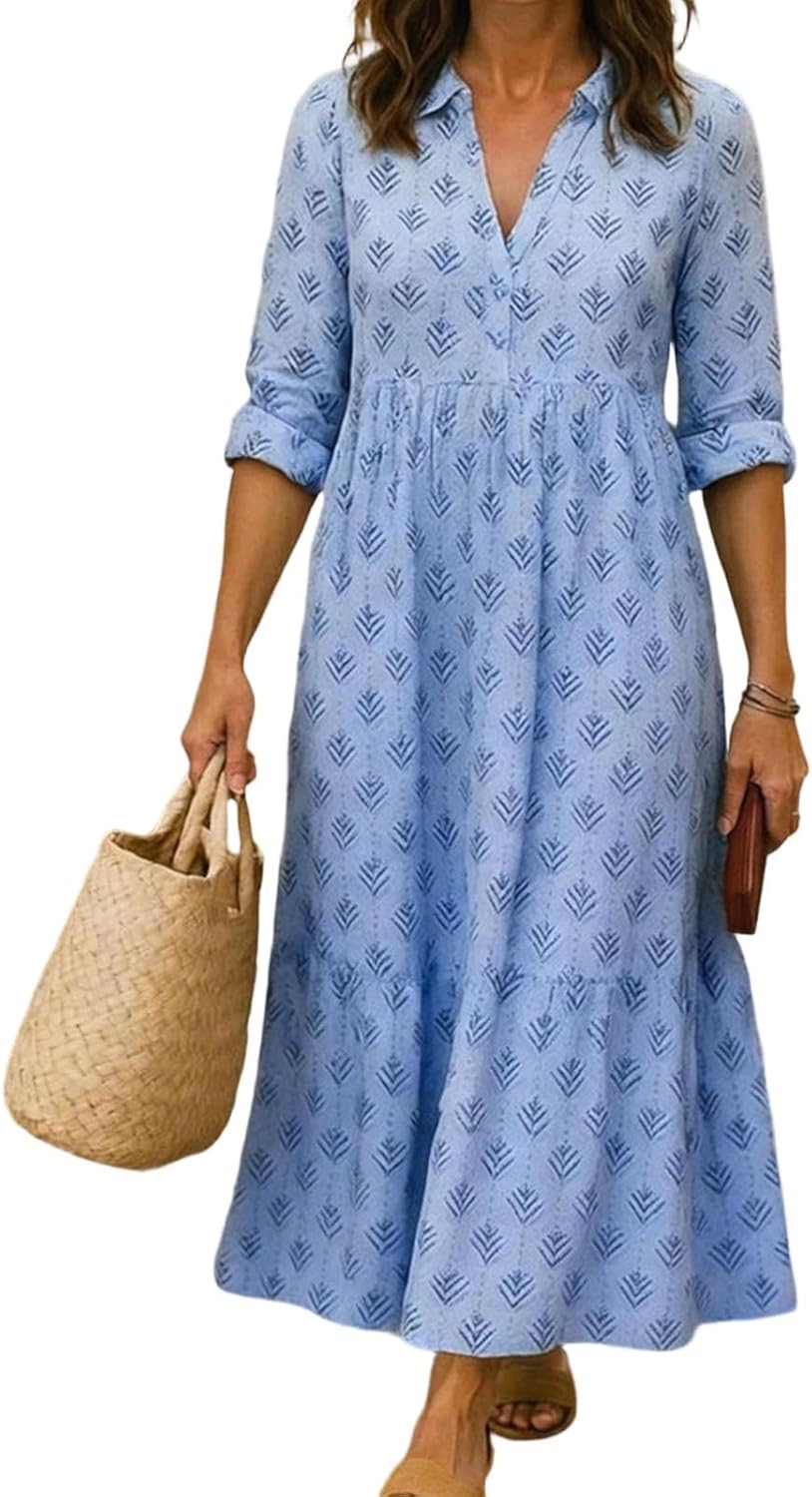 IVERIRMIN Women's Boho Floral Print Long Sleeve Maxi Dress Casual V Neck Flowy Ruffle Fall Long Dresses