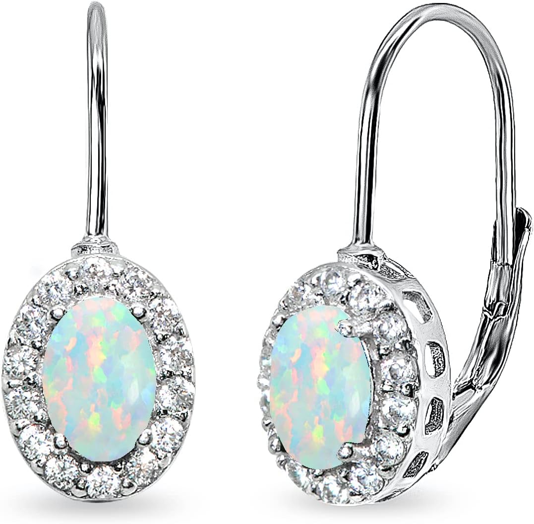 Sterling Silver Genuine or Synthetic Gemstone 6x4mm Oval Halo Leverback Drop Earrings for Women