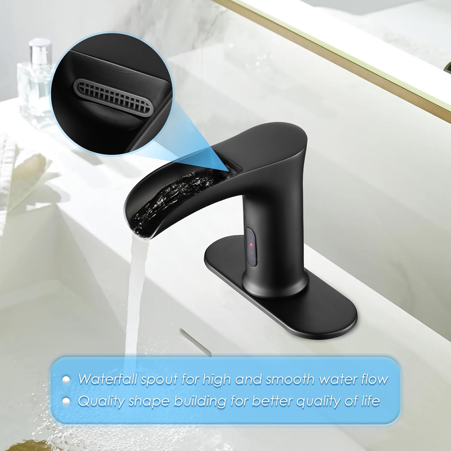 Automatic Sensor Touchless Waterfall Bathroom Sink Faucet, Modern Electronic Sensor Lavatory Faucet, Matte Black Hands Free Vanity Faucets with Control Box and Temperature Mixer