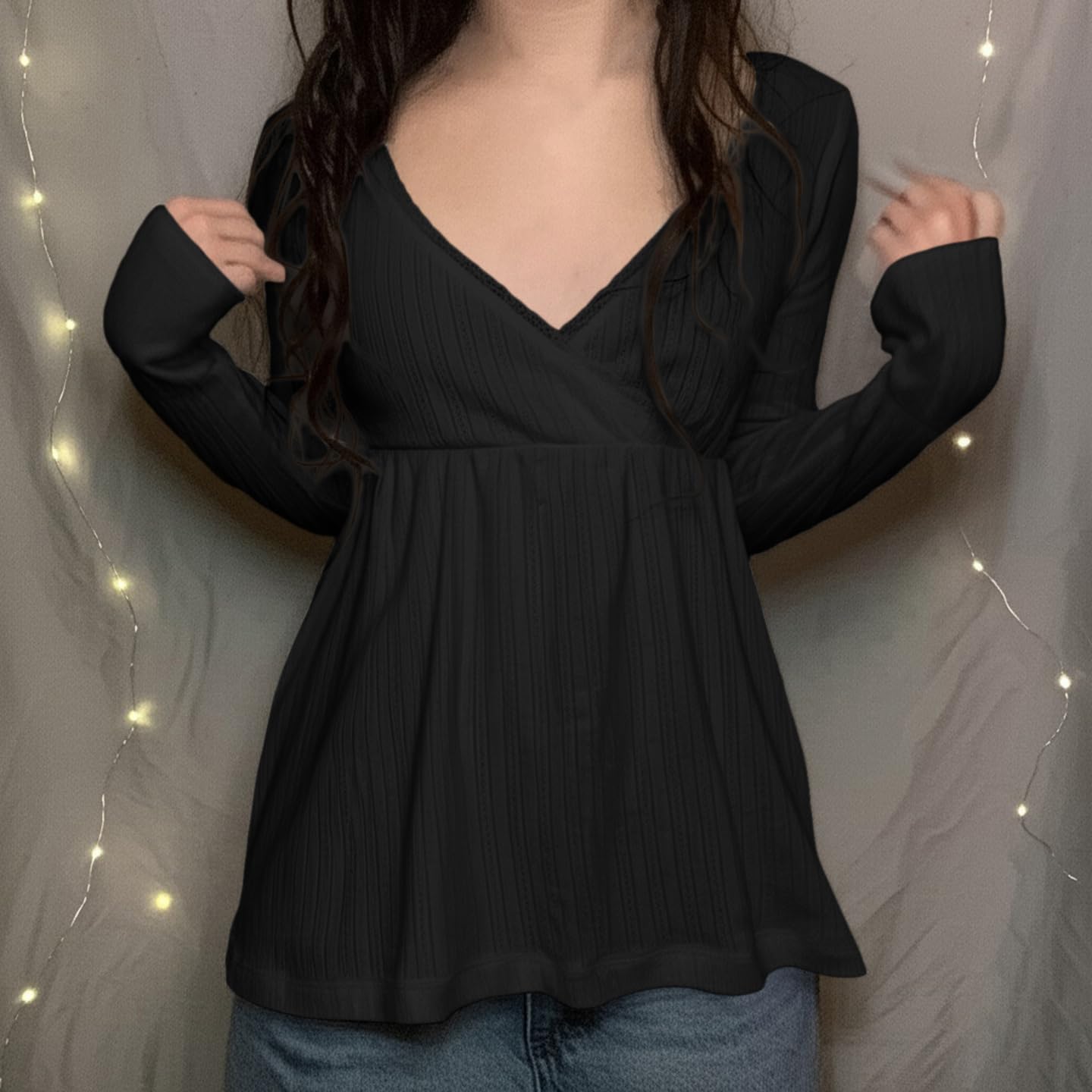 Women Long Sleeve Pointelle Peplum Babydoll Tops Cute V Neck Lace Patchwork Flowy Tee Shirts Girls Fall Outfits - Image 2