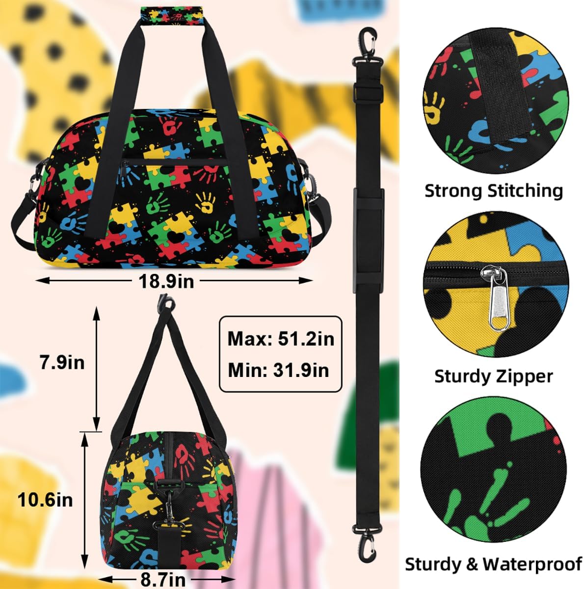 Kids Travel Duffle Bag - Large Sports Gym Bags Duffel Tote for Boys Girls Carry On Weekender Overnight Sleepover Bag(Autism Awareness Puzzle)