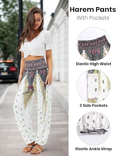 Miniatura 4 de QIANXIZHAN - Pantalones harén para mujer, pantalones bohemios de yoga con cintura alta y bolsillos