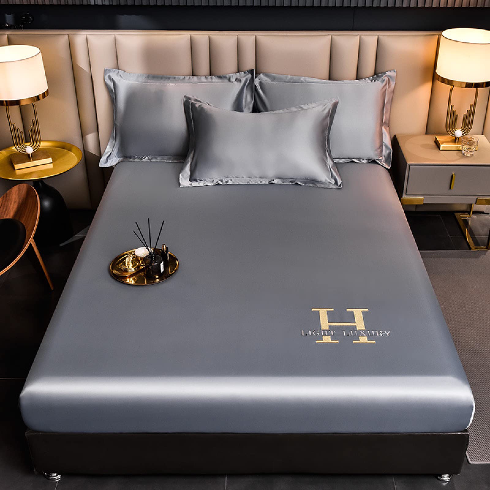 JIANINGHOME Sábanas de seda de 150 x 200 pulgadas, sábana bajera ajustable de seda de hielo, juego de tres piezas de sábana bordada de seda de hielo puro, sábana bajera ajustable de seda de hielo