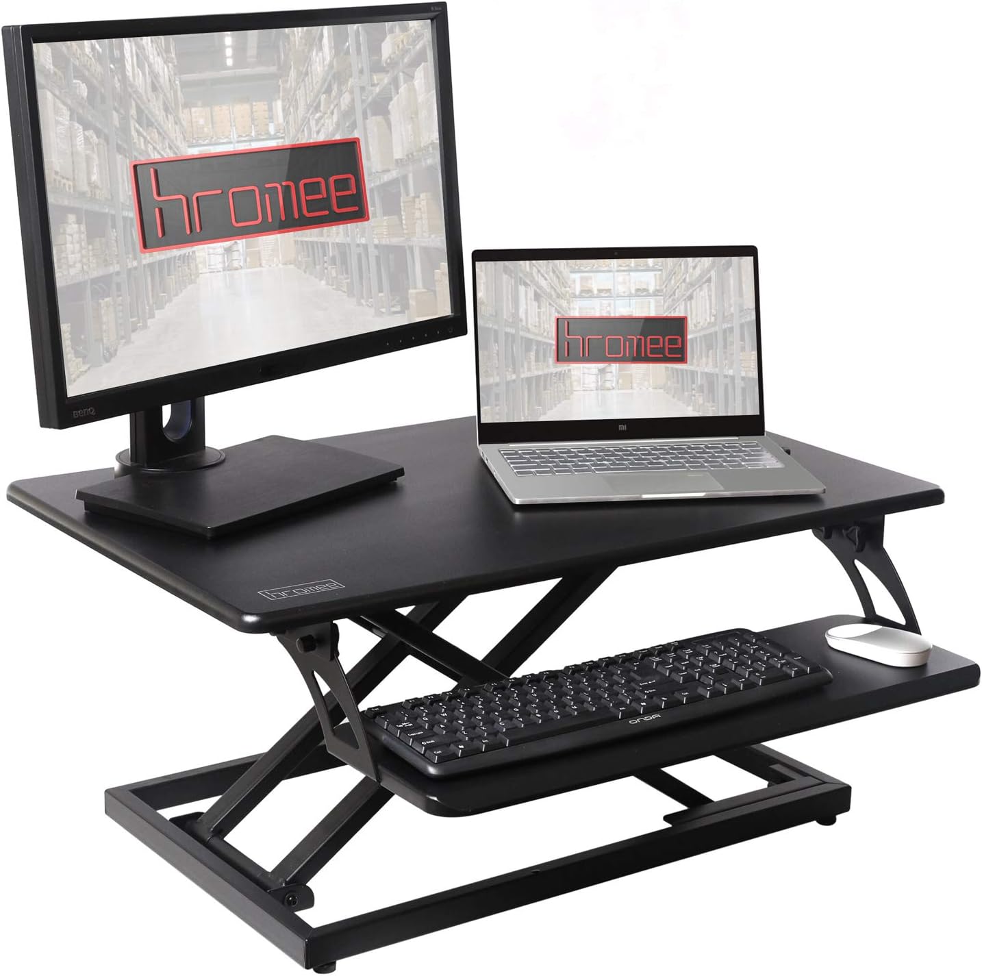 Hromee 31" Tabletop Wide Standing Desk Adjustable Height Sit to Stand Gas Spring Converter with Keyboard Tray for Dual Monitor Computer Desktop Laptop Black