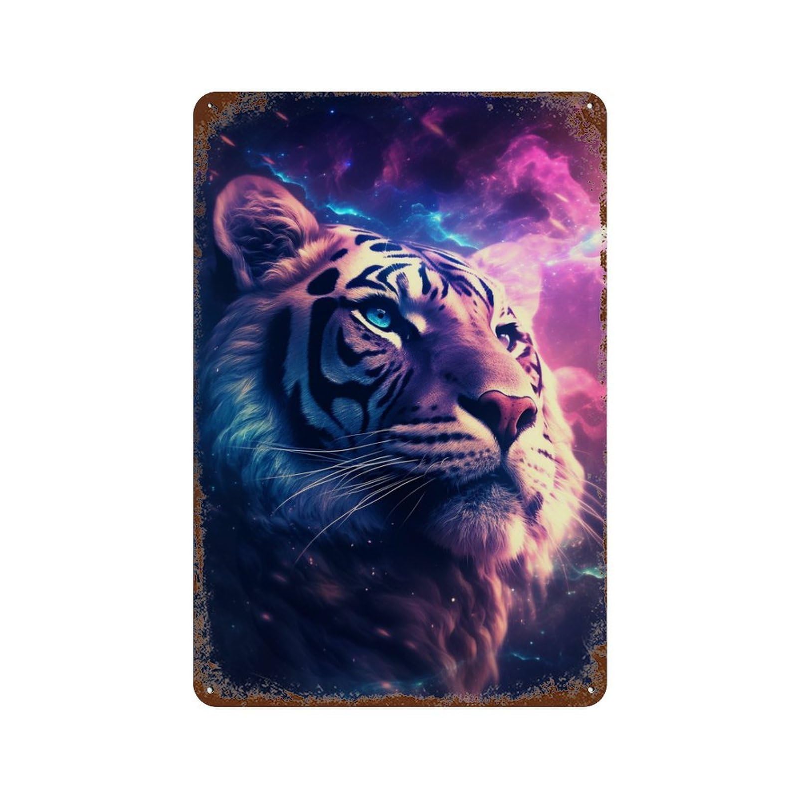 Cosmic Tiger Portrait-2 11.8"x7.9" Weathered Tin Sign, Shabby Chic Decor for Farmhouse, Kitchen And Entryway Decor
