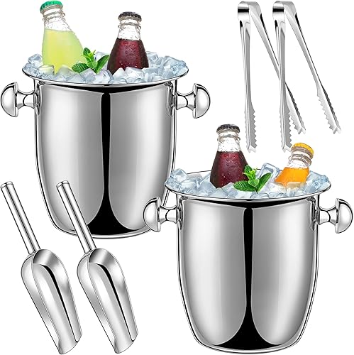 Juego de 6 cubos de hielo aislados de acero inoxidable con pinzas para cuchara, soporte de hielo de 2.8 cuartos para fiesta, cubo de hielo de