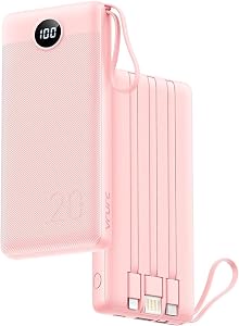 VRURC Powerbank 22.5W Schnelles Aufladen, 20000mAh Power Bank mit Kabel Tragbares Ladegerät USB C LED Display Externer Handyakkus Smartphone Kompatibel mit iPhone, Huawei, Samsung usw – Rosa