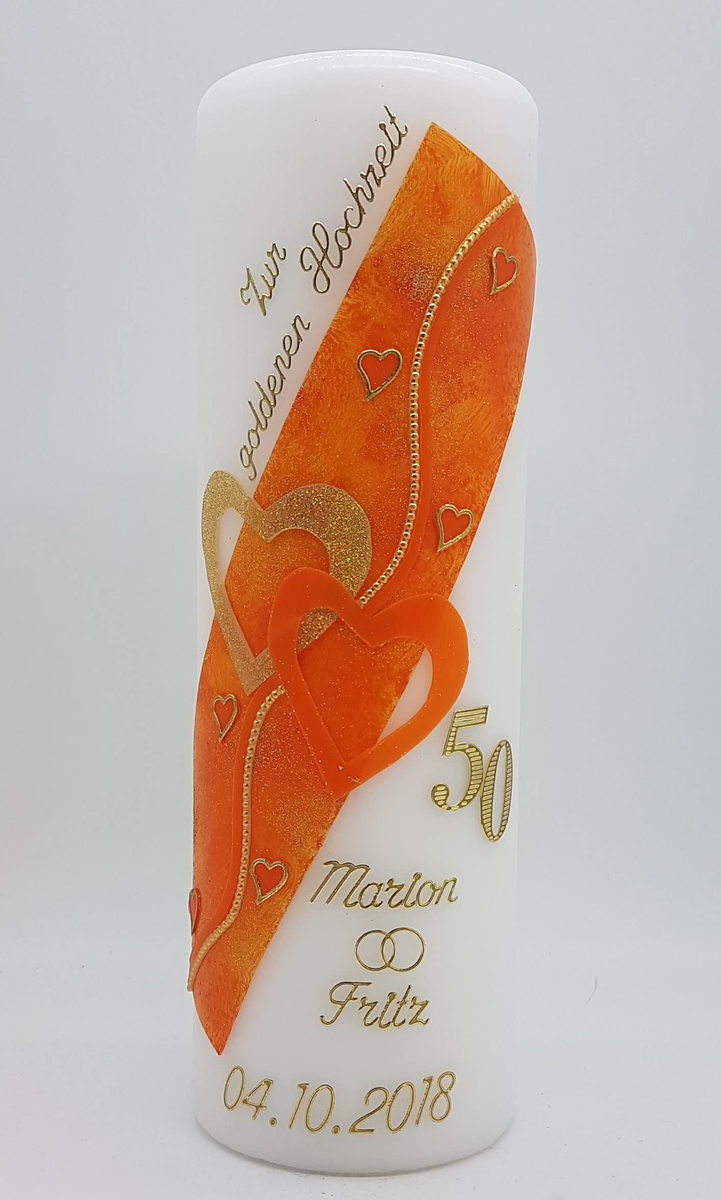 Kerze goldene Hochzeit mit Namen & Datum GH-28w in verschiedenen Farben HANDARBEIT Geschenkverpackung/Kerzenständer optional