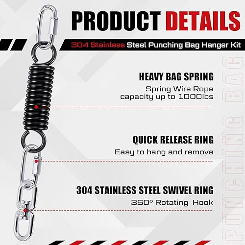 Miniatura 3 de Zonon Kit de 8 ganchos para saco de boxeo, resorte pesado M8, doble ojal giratorio con gancho a presión, colgador de bolsa pesada de acero