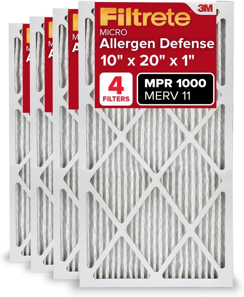 10x20x1 AC Furnace Air Filter, MERV 11, MPR 1000, Micro Allergen Defense, 3-Month Pleated 1-Inch Electrostatic Air Cleaning Filter, 4 Pack (Actual Size 9.81x19.81x0.81 in)