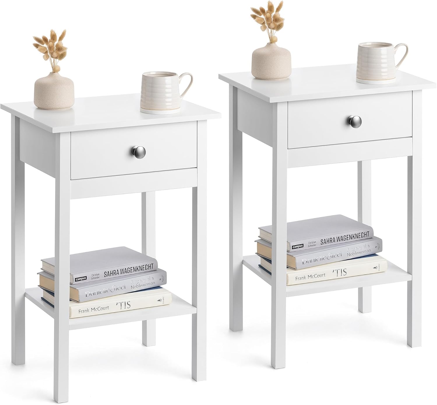 CHRISTOW Pair of White Bedside Table With Shelf & Drawer Bedroom