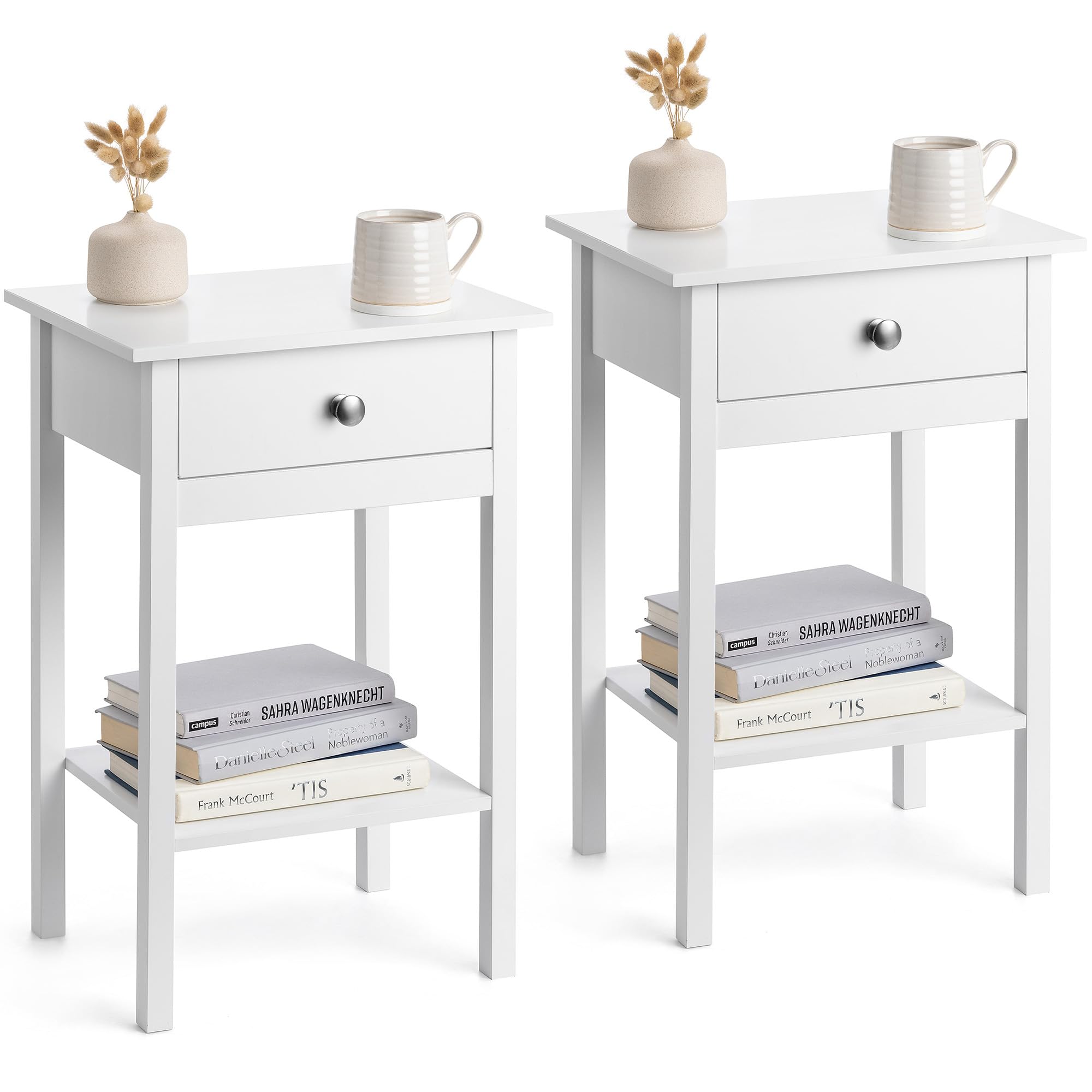 CHRISTOW Pair of White Bedside Table With Shelf & Drawer Bedroom Nightstand 60cm x 40cm x 30cm