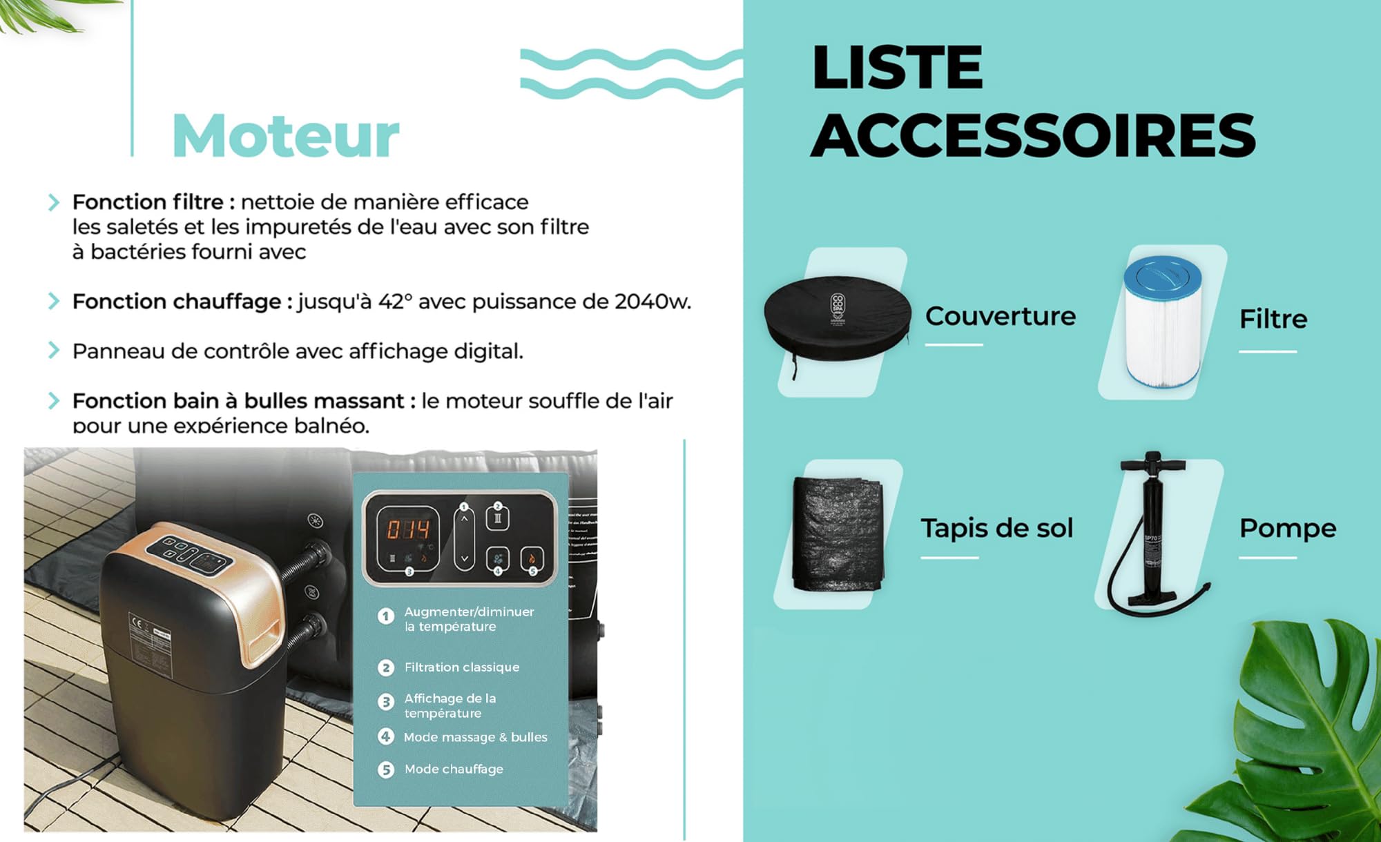 COCO SPA Tahiti Spa Inflable - 150 cm de diámetro - 800 litros - Motor 2240 W - 2 a 4 personas - Masaje 140 chorros