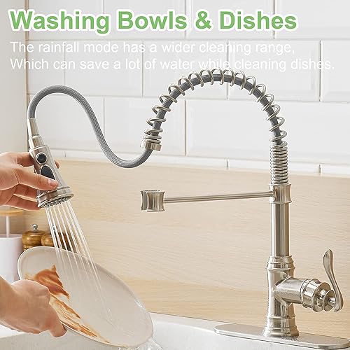 Miniatura 6 de Grifo para fregadero de baño, cascada de níquel cepillado, un solo orificio con níquel cepillado, grifo para fregadero de cocina con rociador