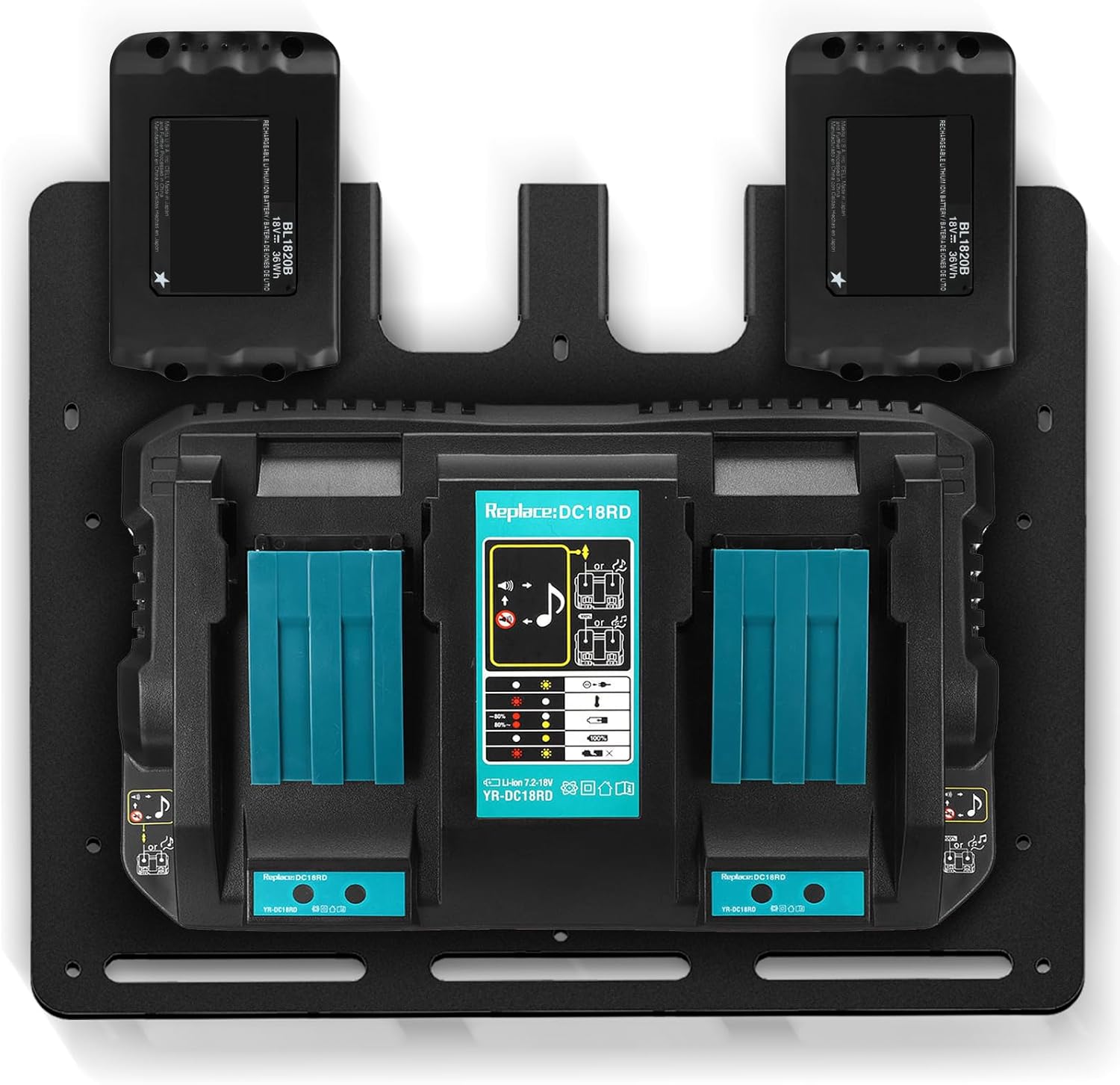 Wall mount for Makita battery holders and chargers Wall mount, stable 4 piece battery holder 18V 14.4V and charger holder and cordless drill driver, order in workshop and garage