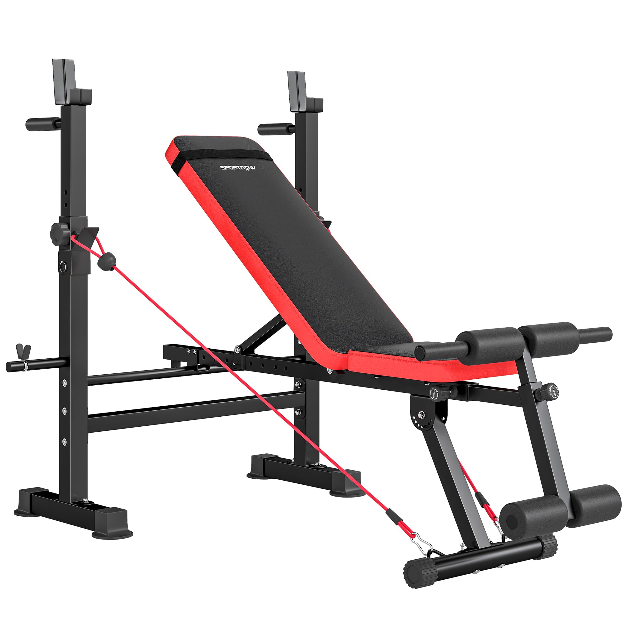 SPORTNOW Banc de Musculation Complet Multifonction avec Dossier Réglable, Repose-Jambes, Sangles d'Entraînement et Support de Poids, Banc Développer Couché à Plat ou Incliné, Entraînement Fitness
