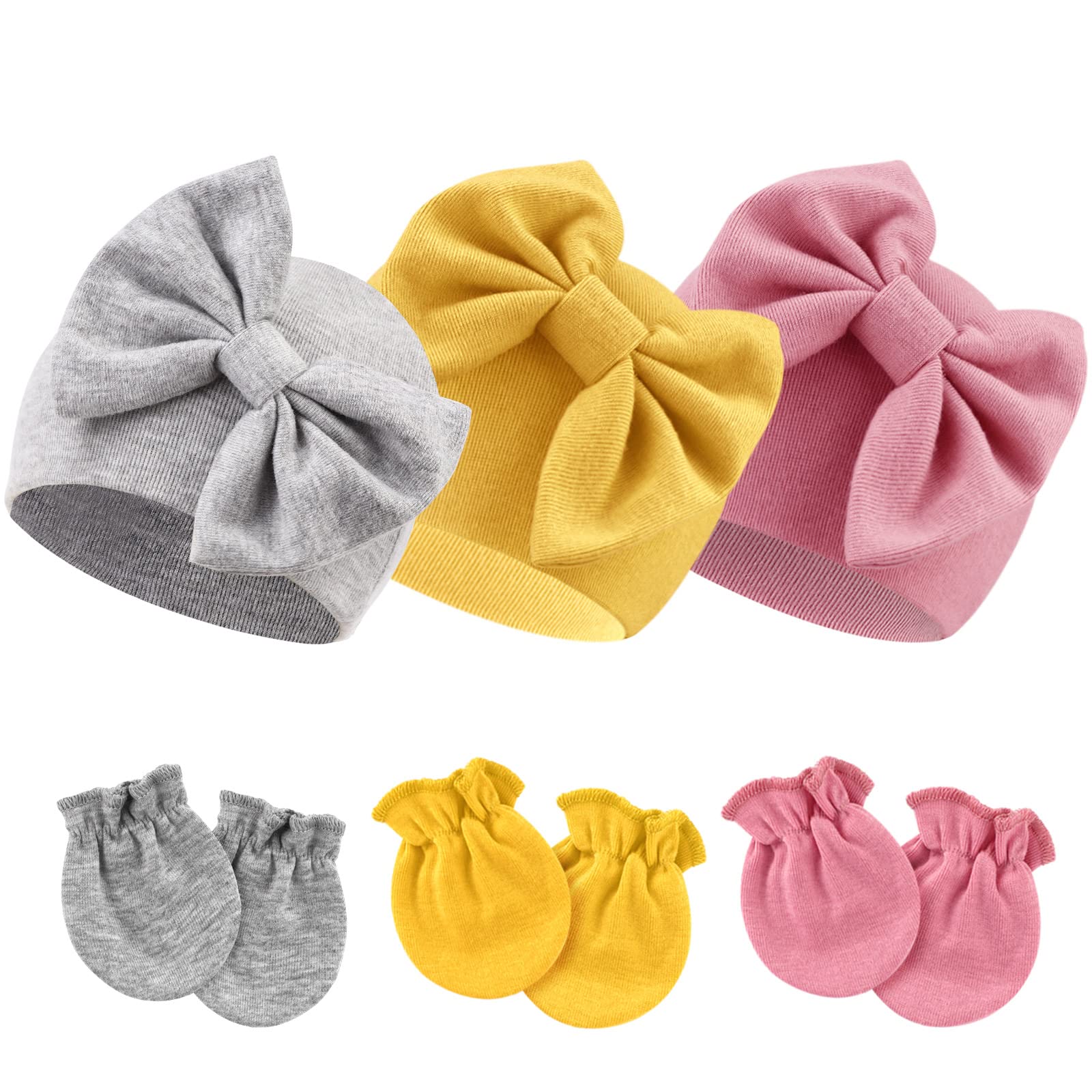 DRESHOW Newborn Baby Hats Mittens Set Hospital Hat Beanie Infant Bow Hats Baby Cotton Gloves No Scratch Mittens for 0-6 Months