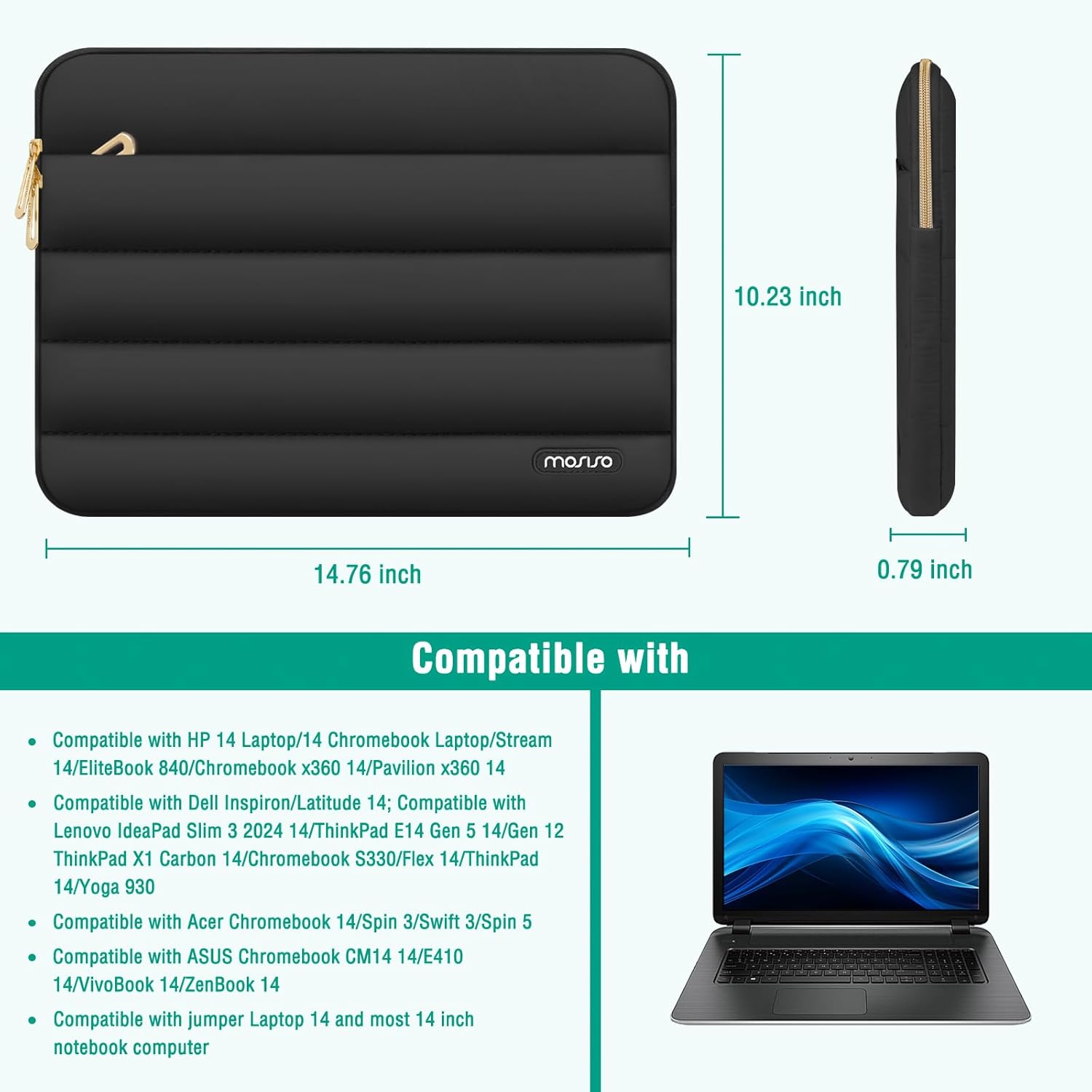MOSISO Laptop Case 14 inch, 14 inch Puffy Laptop Sleeve Compatible with HP Lenovo Dell ASUS Acer, HP Stream, Dell Latitude, Lenovo IdeaPad, Polyester Horizontal Bag with Small Case, Black - Image 9