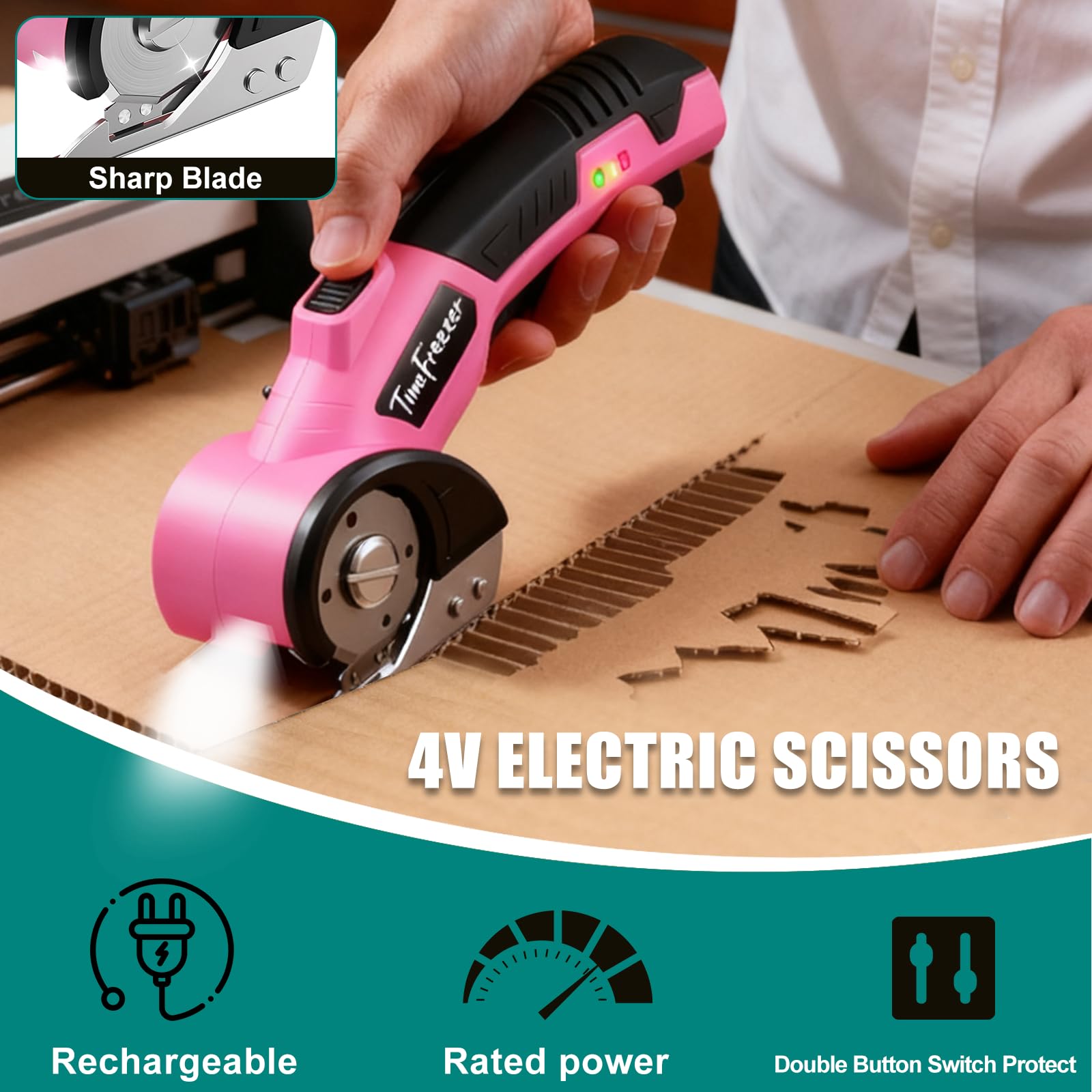 Cortador de cartón eléctrico, ancho 3,3 cm, longitud 23 cm, tijeras de cartón recargables adecuadas para parper, caja, cuero, tela, alfombra, ampolla de plástico, bloqueo de seguridad y luz LED (rosa)