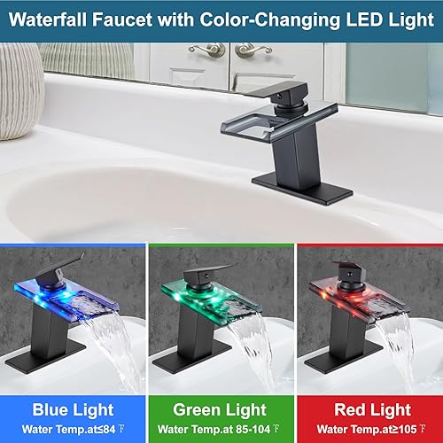 Miniatura 2 de Midanya Grifo de lavabo de baño LED negro mate, grifo de baño con boquilla de vidrio abierto en cascada, mango único, 3 colores cambiantes, grifos
