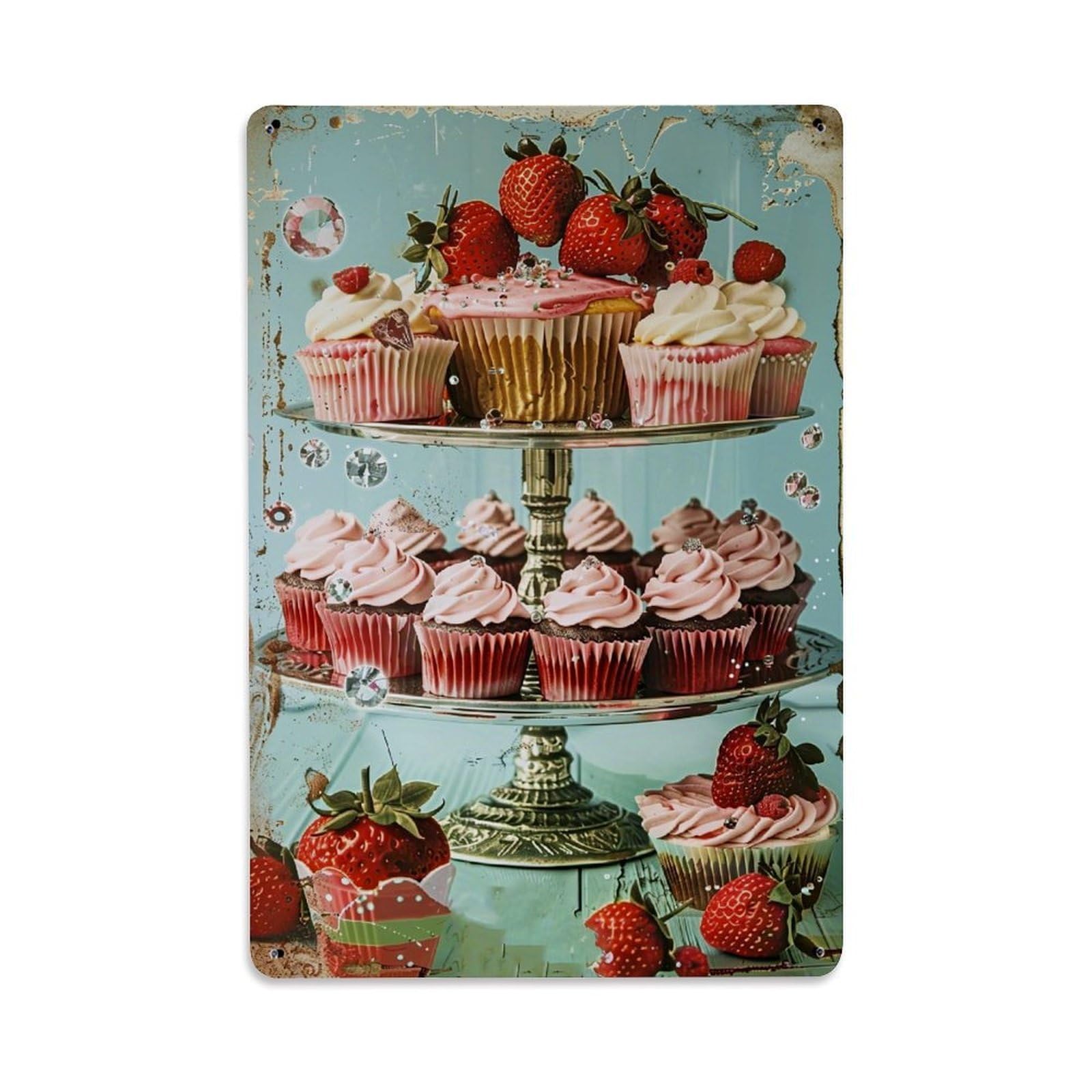 Jdfenggu Vintage Strawberry Topped Cupcake Tiered Stand Retro Metal Tin Sign, Metal Poster For Bar, Home, Man Cave, Kitchen, Laundry Room Art Decor 8X12 Inch