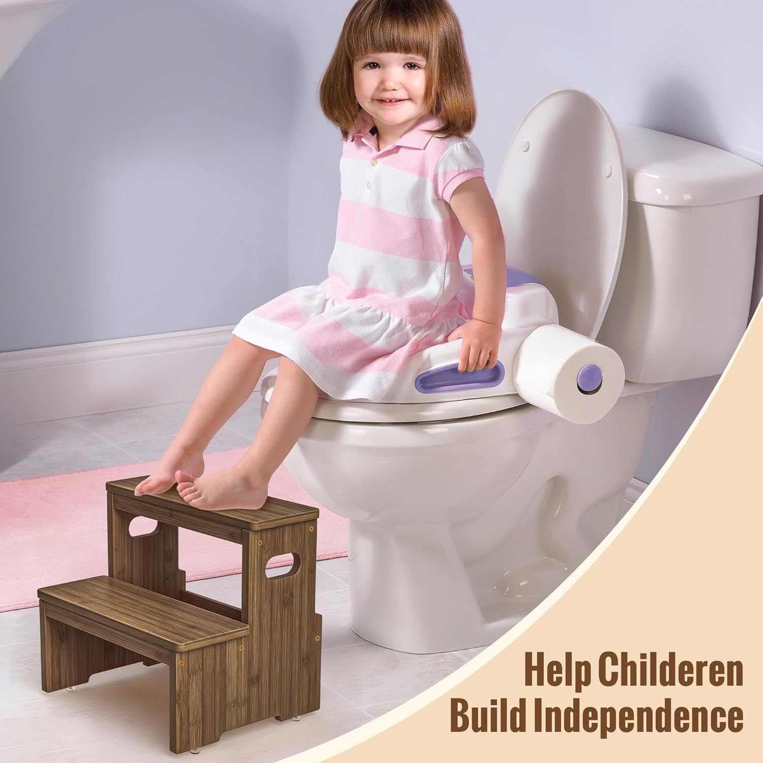Two Step Stool for Adults and Kids, 450lbs Heavy Duty Step Stool, Bamboo Step Stool for High Beds, Portable Helper Step Stairs for Kids, for Kitchen, Bathroom, RV, Bedside Step Stool, Walnut