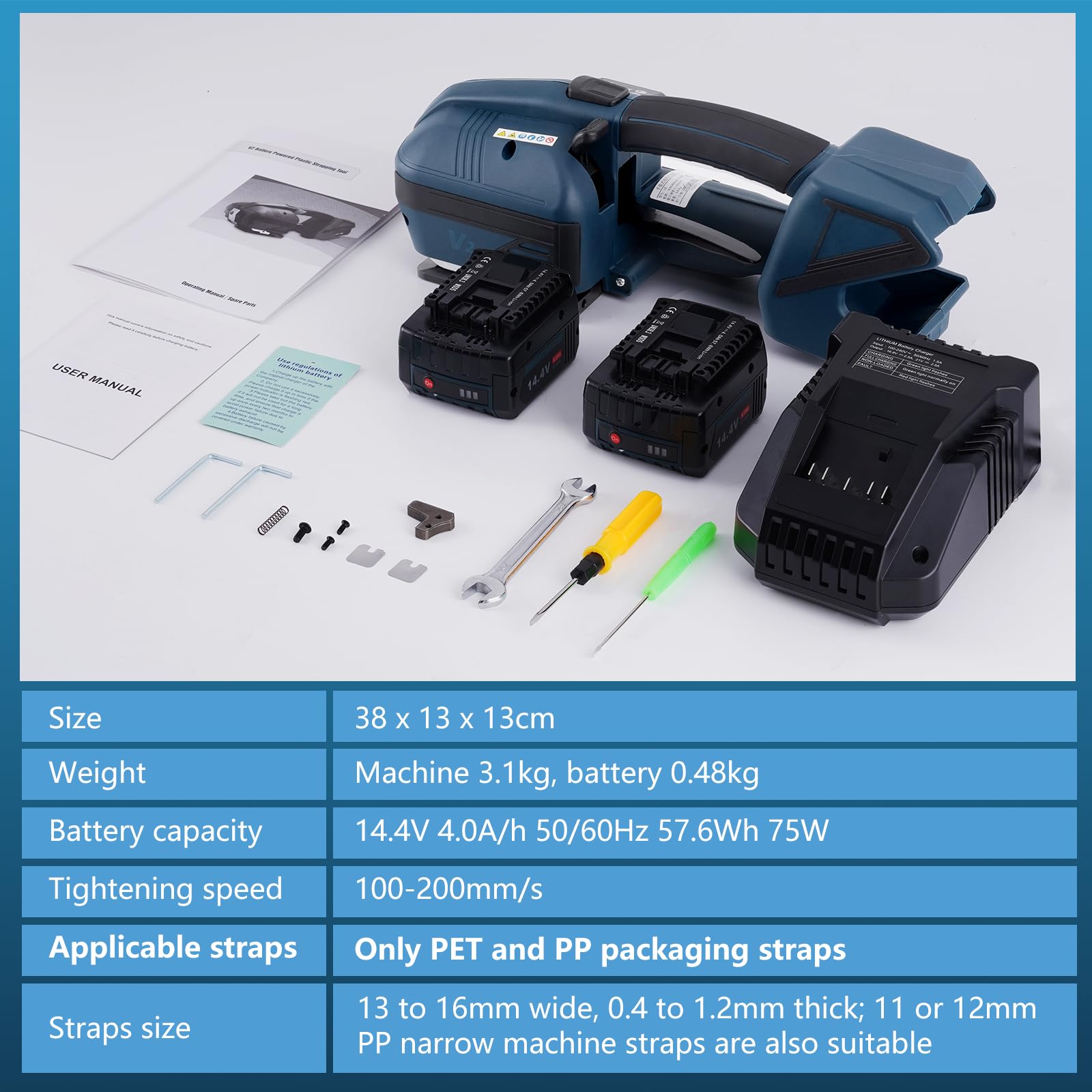 BAOSHISHAN Flejadora eléctrica para flejes PET/PP de 13-16mm de ancho y 0.4-1.2mm de grosor Herramienta de flejado automática portátil con 2 baterías de 4000mAh para embalaje de palets 230V
