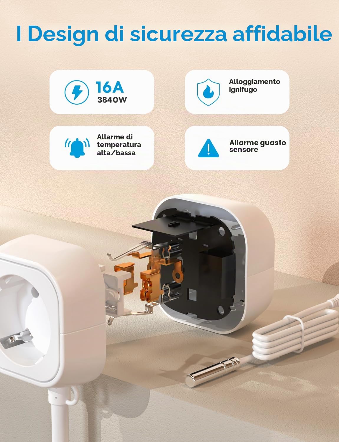 Meross Regolatore di temperatura Smart Termostato Presa per HomeKit Digitale WiFi Termostato Riscaldamento Presa con Sonda per Riscaldamento e Raffreddamento 16 A, 2,4 GHz