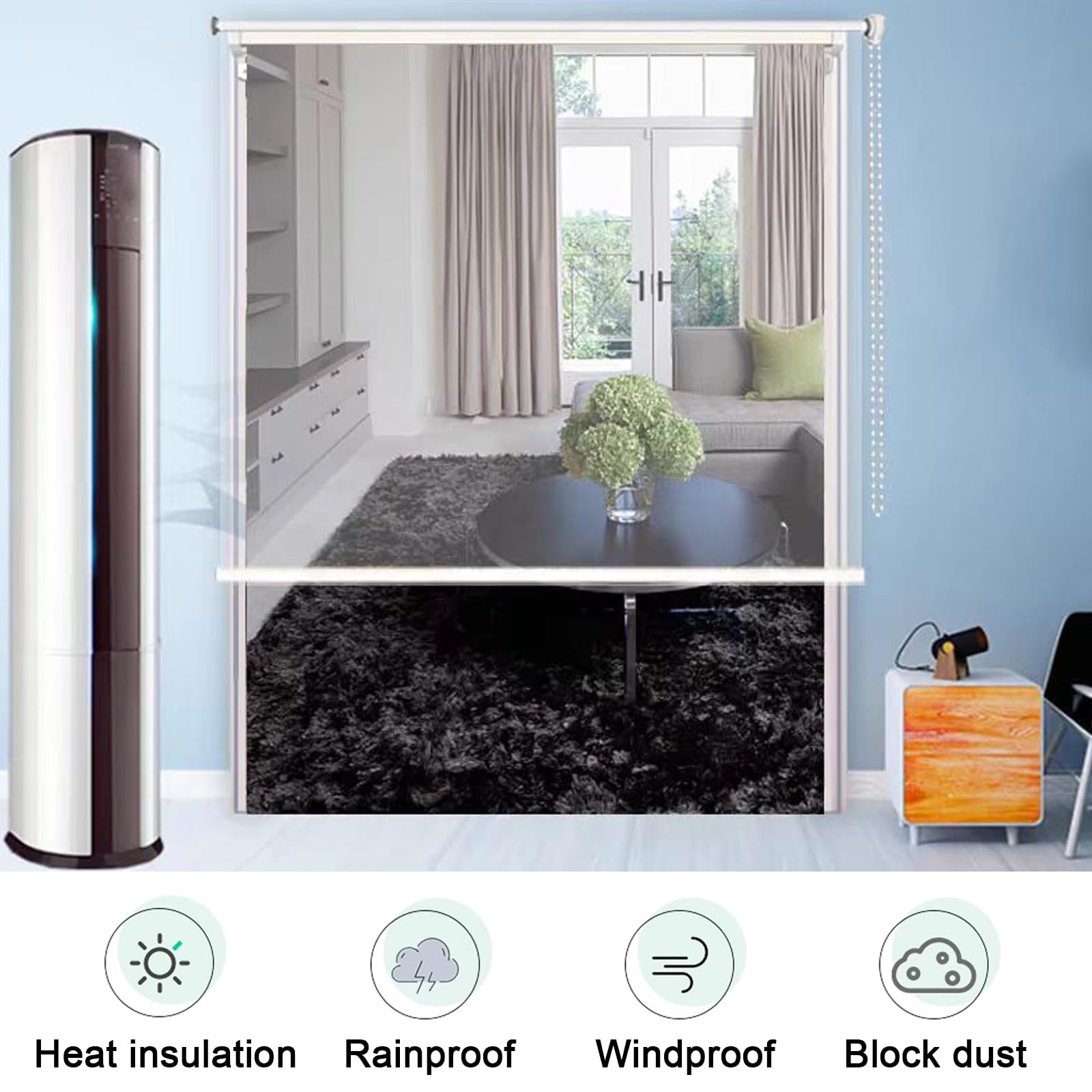 Stores Enrouleurs Transparents pour Extérieur,Stores à Enroulement en Pvc Imperméables,Manuel Store Fenêtre Coupe-Vent et Anti-Poussière,pour la Fenêtres,Portes,Salle de Bain (W140xH230cm/W55"xH91")