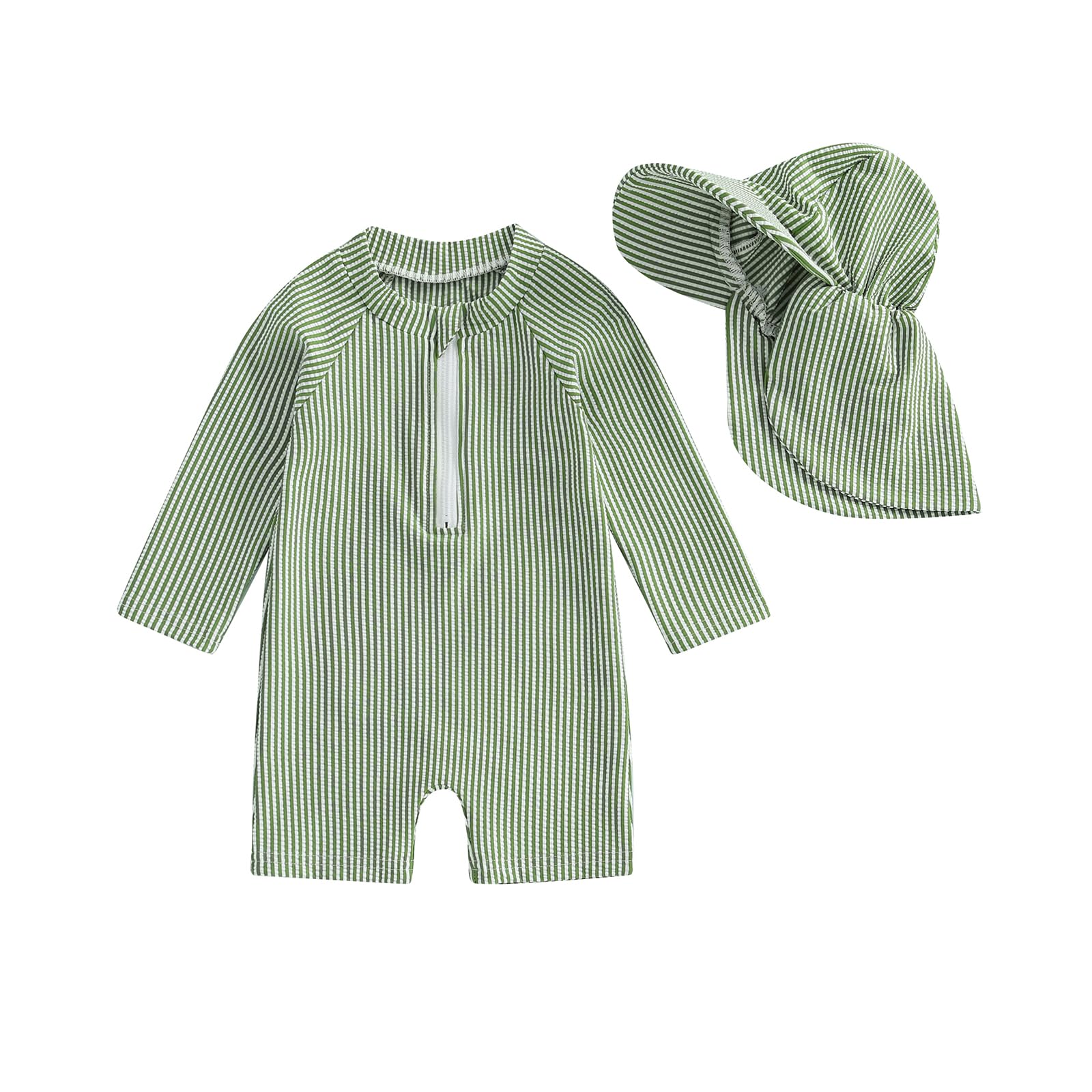 Infant Baby Boy Rash Guard Swimsuit Summer Spring Striped Prints Long Sleeve Swimwear Zip Up Front Bathing Suit with Sun Hat