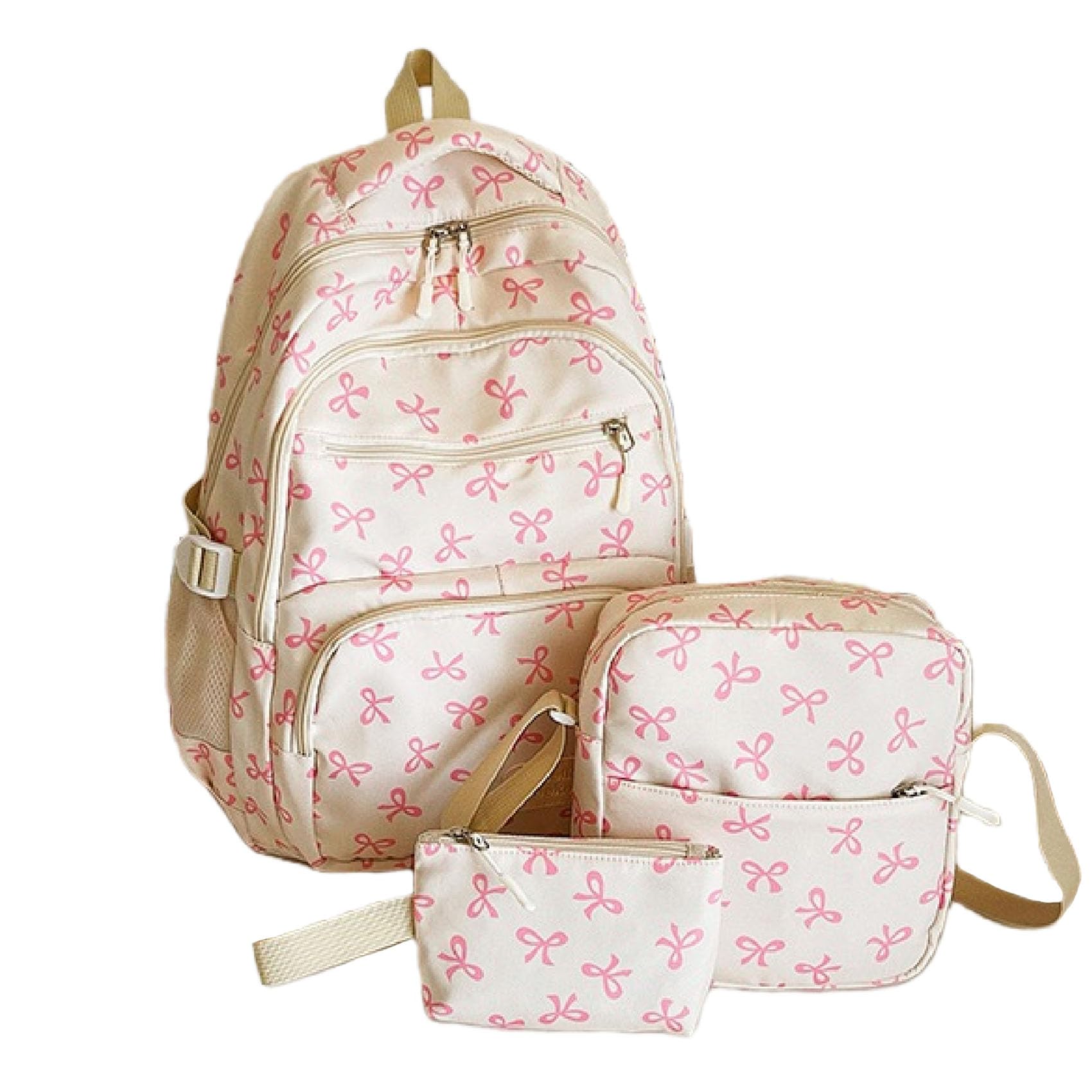 Jeeeun Bow Backpack for Girls 3Pcs Set - Adorable Cute Nylon School Daypack Fashion Aesthetic Rucksack (Pink)