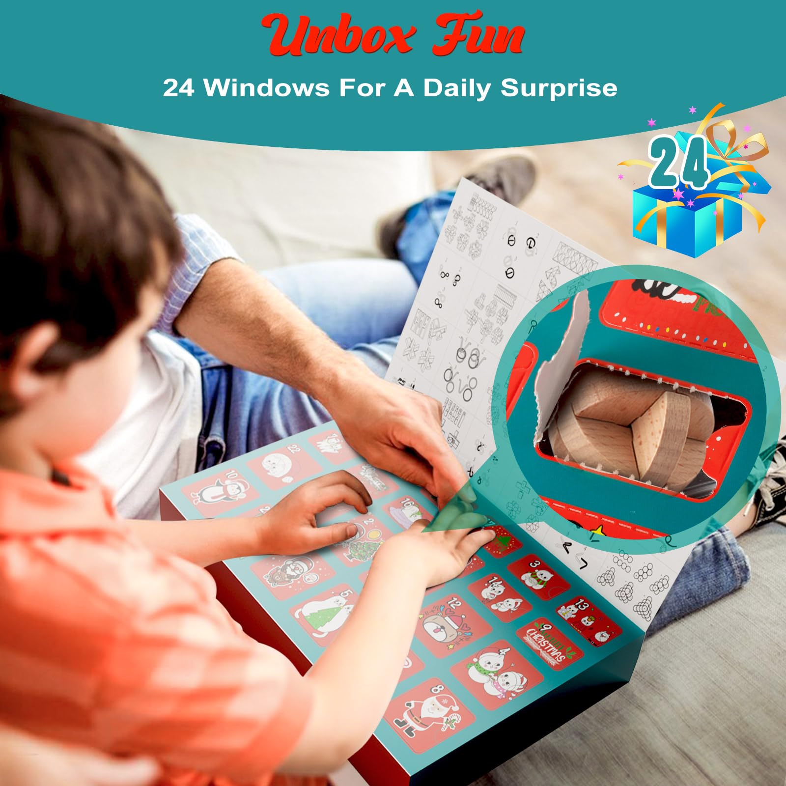 Calendario dell'Avvento per bambini- 24 giorni di Regalo di Natale con metallo e legno puzzle rompicapo, sfide di sblocco, test di logica per il QI per ragazzi, ragazze e adulti