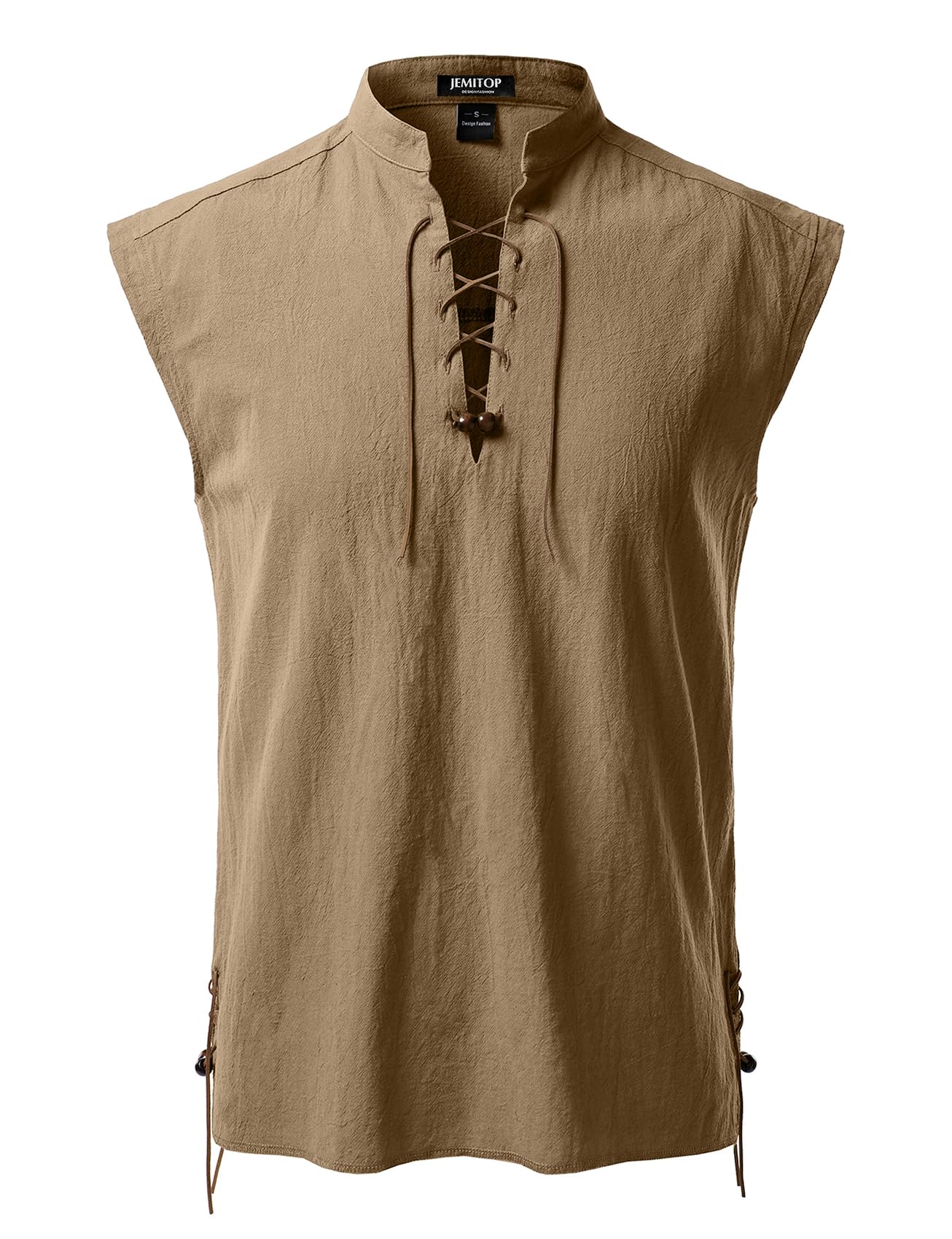 JEMITOP Men's Retro Renaissance Costume Lace Up Sleeveless Shirts for Pirate Medieval Viking Halloween Cosplay Dark Khaki M