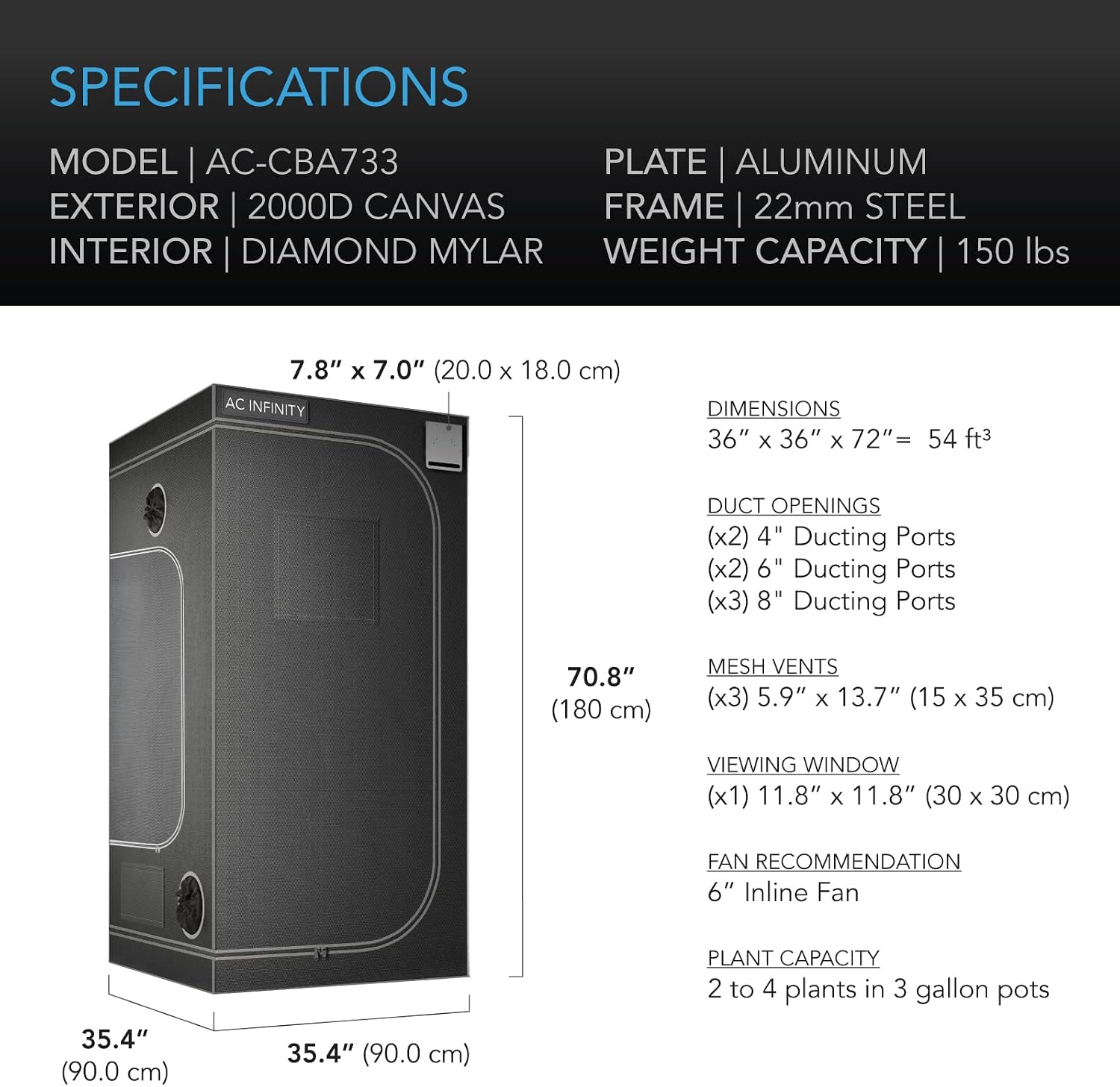 AC Infinity CLOUDLAB 733 Advance Grow Tent, 36”x36”x72” Thickest 1 in. Poles, Highest Density 2000D Diamond Mylar Canvas, 3x3 for Hydroponics Indoor Growing
