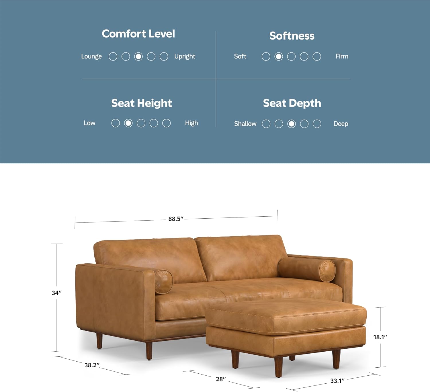 SIMPLIHOME Morrison Mid-Century Modern 89 inch Wide Sofa with Ottoman Set in Sienna Genuine Leather for the Living Room and Family Room