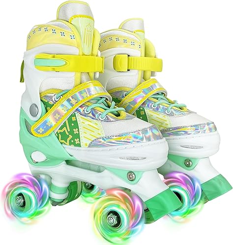 whicow Patines de ruedas para niños y niñas, 4 tamaños ajustables para niños con todas las ruedas iluminadas, protección completa para deportes de