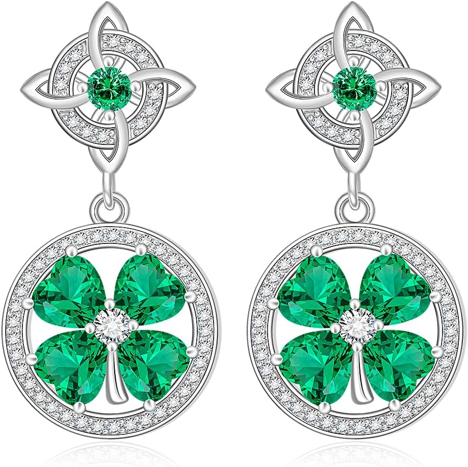 Shamrock Earrings St Patricks Day Earrings for Women Sterling Silver 4 Four Leaf Clover Earring Studs Irish Green Shamrock Jewelry Valentines Gifts