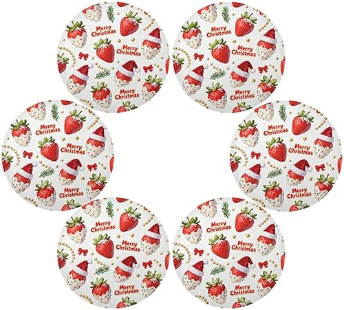 Merry Christmas Red Strawberry Round Place mat Christmas Reversible Quilted placemat individuales para mesa de comedor Rose Gold 15.4x15.4in Set of 6