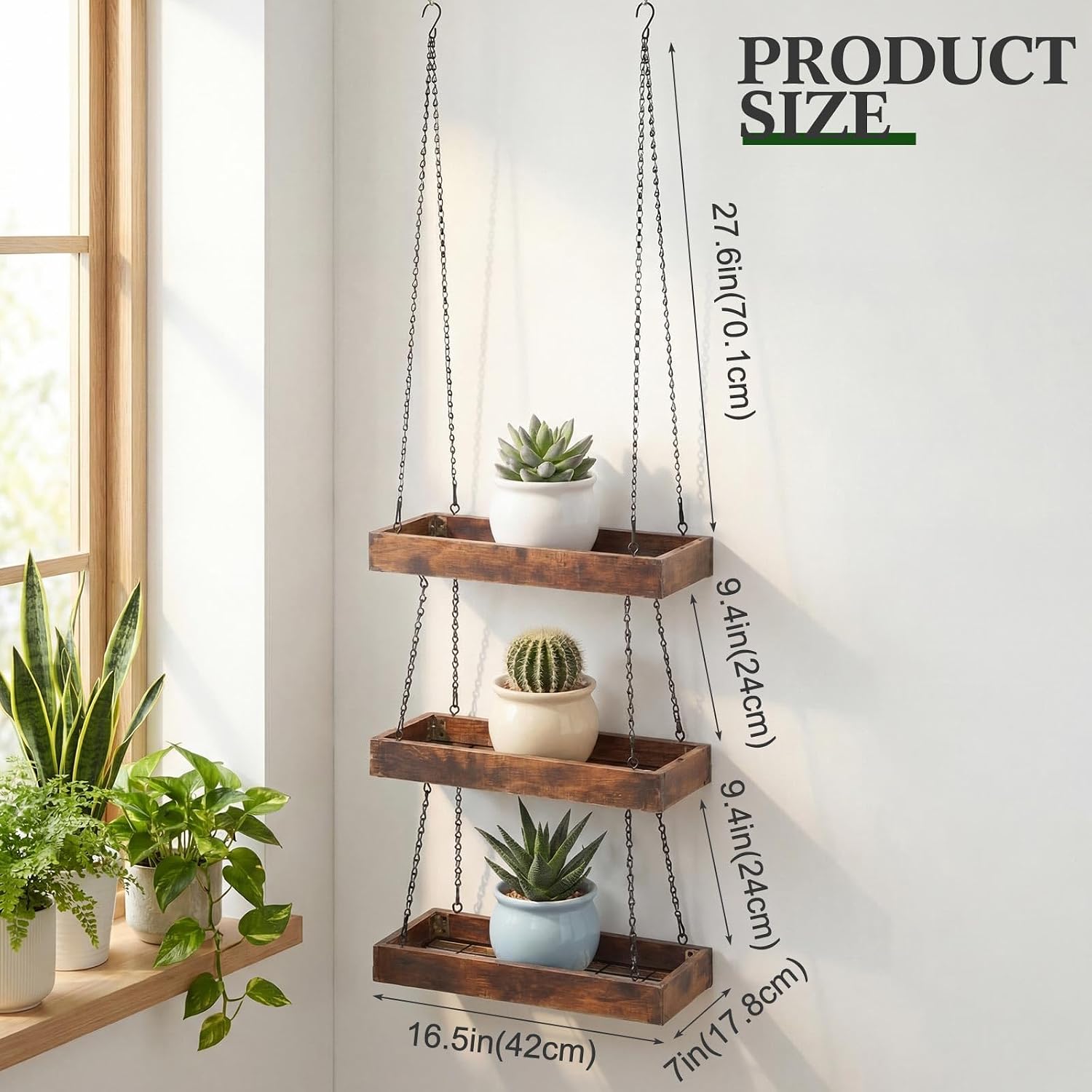 3 Tier 16" Hanging Plant Window Shelf Large Hanging Plant Holder Wood Frame Metal Chain Floating Wall Flowerpot Organizer Storage for Herbs Microgreens Succulents Balcony Living Room