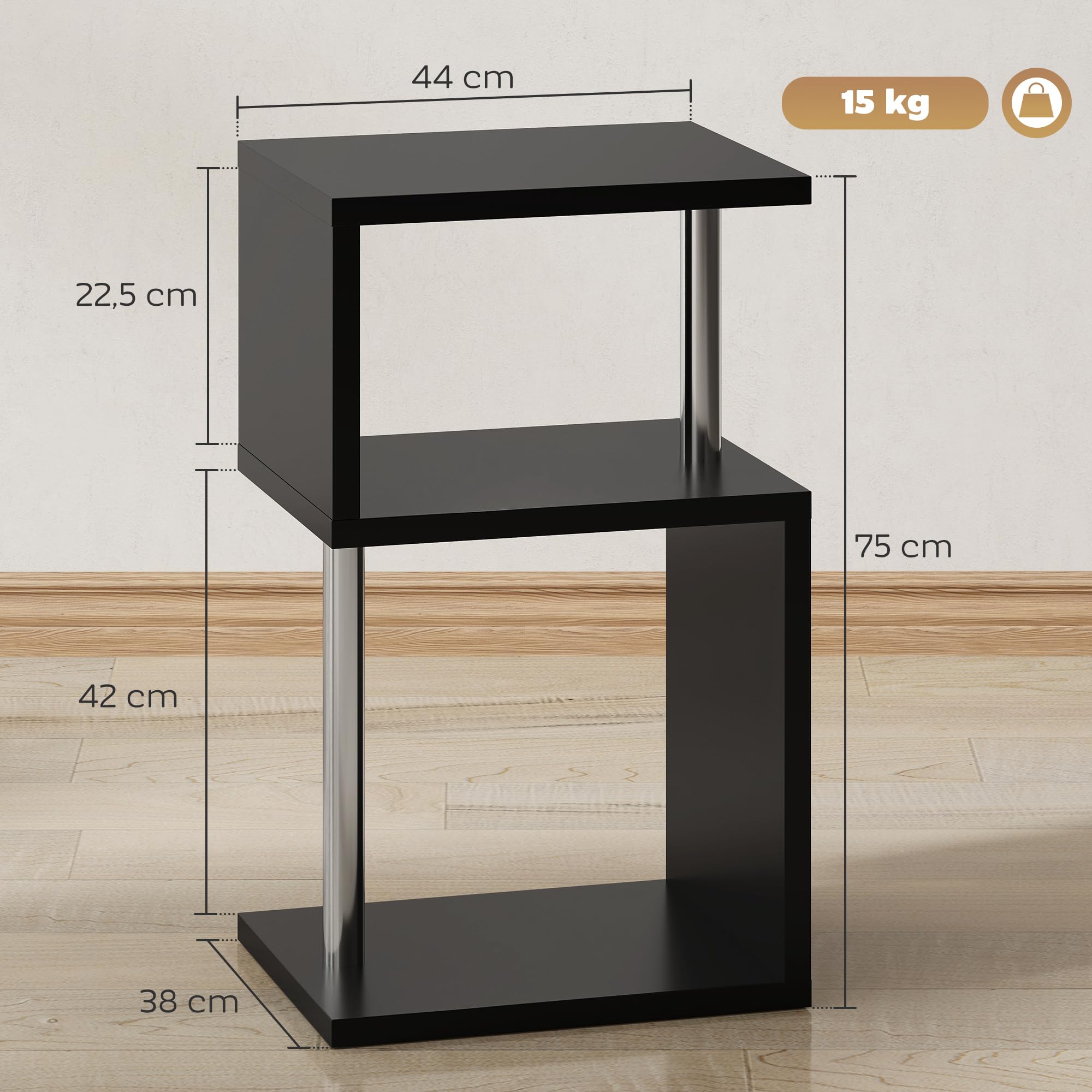 HOMCOM Mesa Auxiliar Luz LED de 3 Niveles 44x38x75 cm Negro Brillo