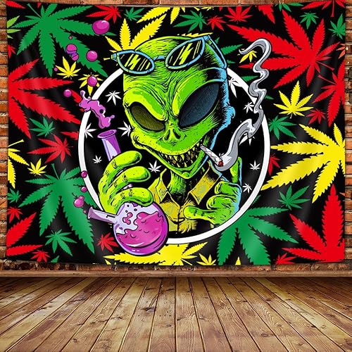 Wathon Tapiz de marihuana trippy de marihuana alienígena, tapiz de pared de hojas de marihuana para dormitorio, tapiz psicodélico de teñido anudado