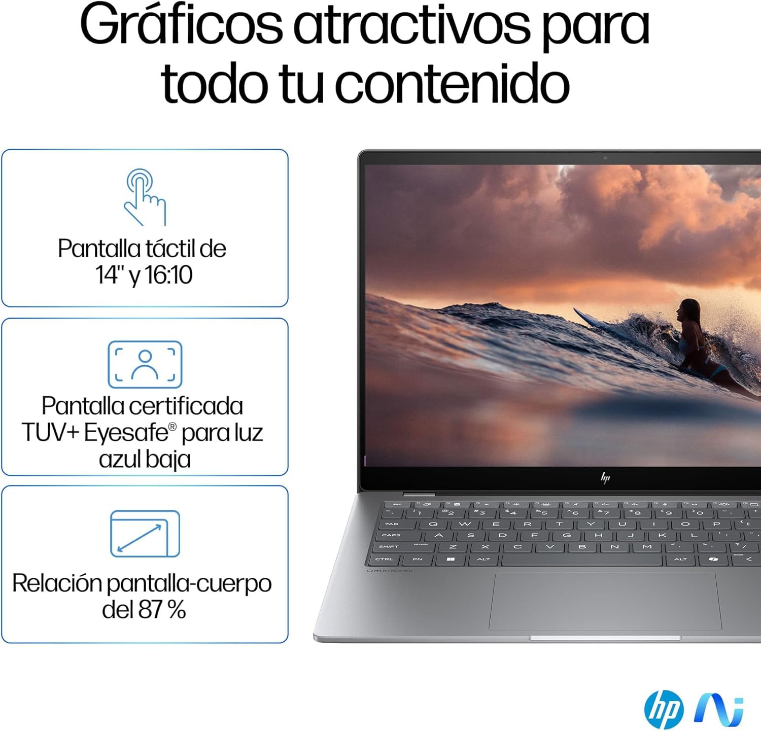 HP OmniBook X AI 14-fe0001ns - laptop IA 14" 2.2k multitouch QC Snapdragon X1E-78-100, 32 GB RAM, 1 TB SSD, Snapdragon X Elite, Windows 11 Szary - klawiatura QWERTY Hiszpański, 1000 GB, 32 GB