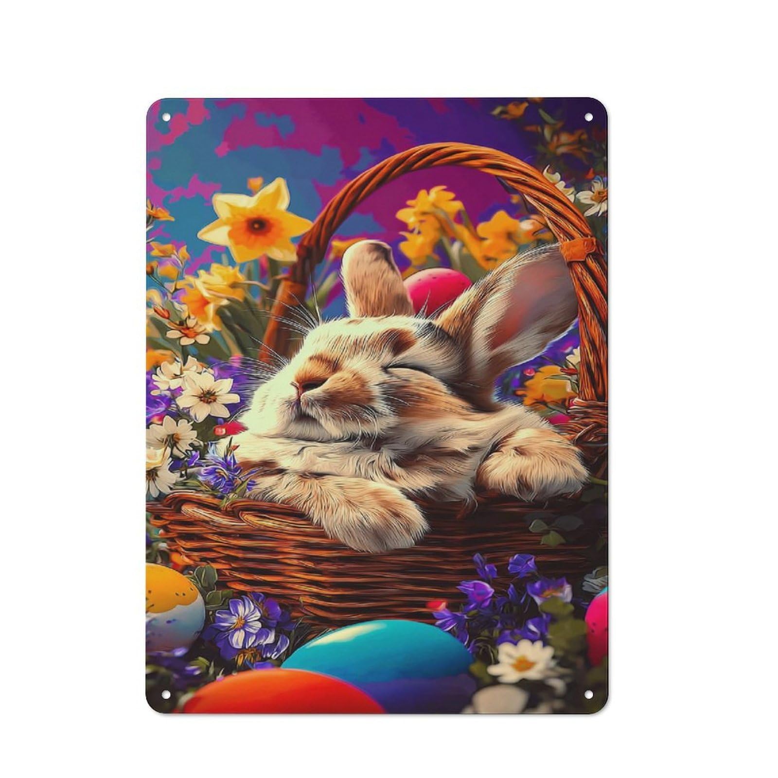 Junmoney Easter Basket With Bunny And Eggs Metal Plaque With Design 40X30cm, Cosy Diner Style Decor For Coffee Bar, Kitchen, Bistro Or Tea Corner