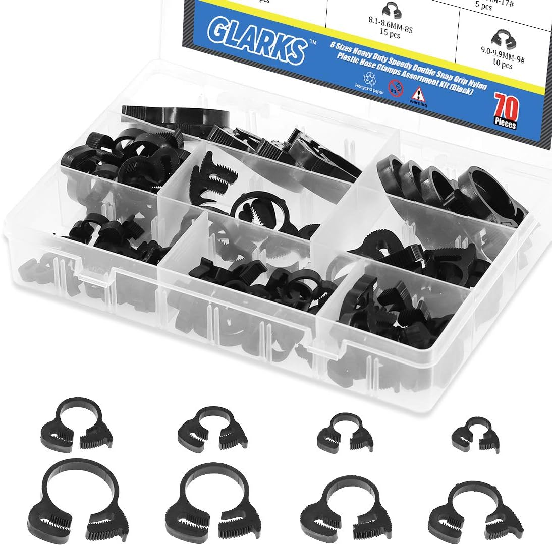 Glarks 70Pcs 8 Size Heavy Duty Black Double Gripping Nylon Hose Clamps Set, 6.6-27.2mm Plastic Snap Ratcheting Clamps Assortment Kit (Black 70Pcs)