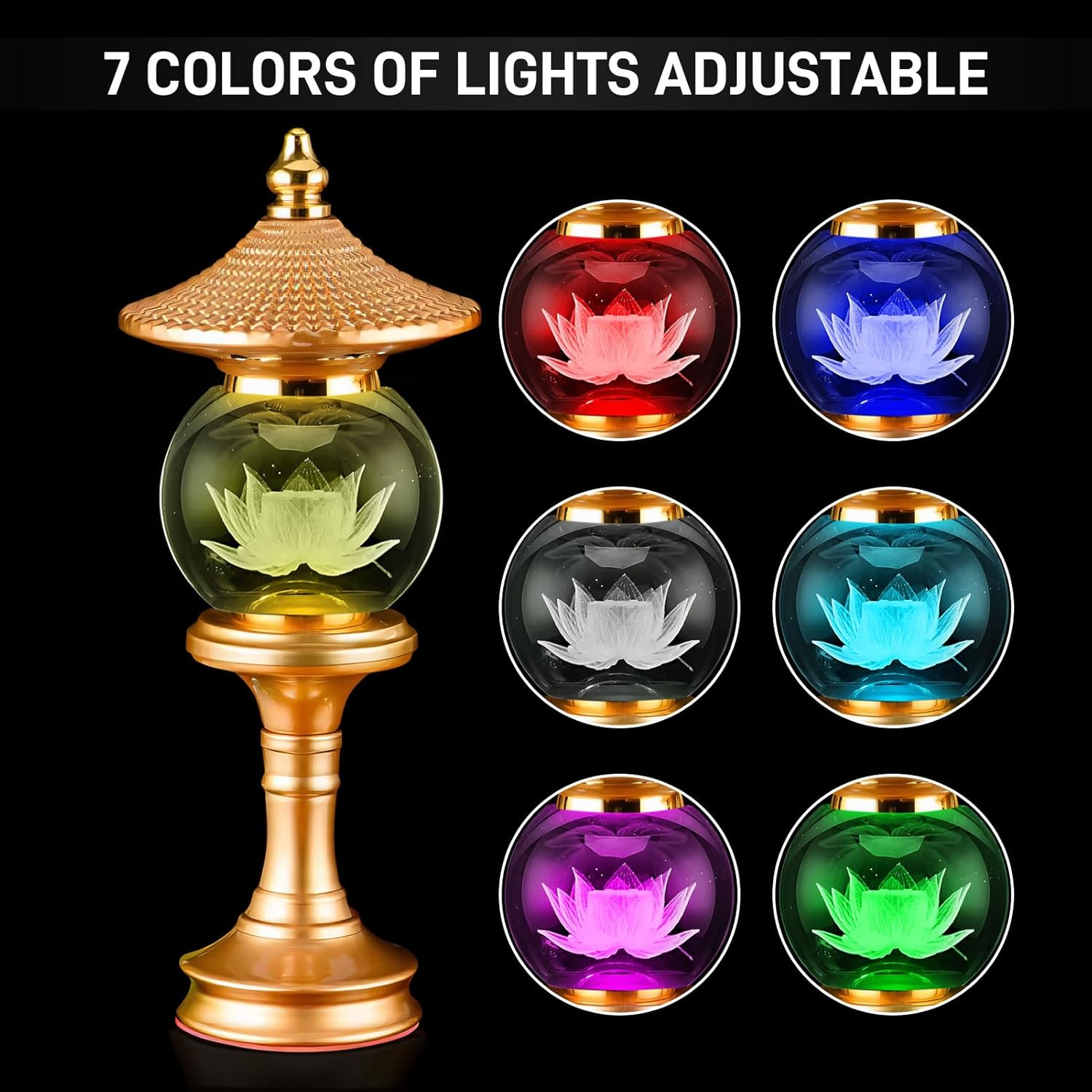 Lotus Lamp for Meditation, 7 Color Changing Crystal Buddha Light with Adjustable Switch, Ritual Decor for Buddhist Altar, Yoga Room, Home Temple Supplies & Spiritual Gift (10 inch)