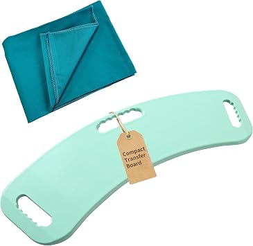 27 Inch Compact Transfer Board with Slide Sheet, Curved Patient Sliding Board for Wheelchair, Bed, Chair and Car Transfers, Portable Transfer Board with 3 Handholds, Green