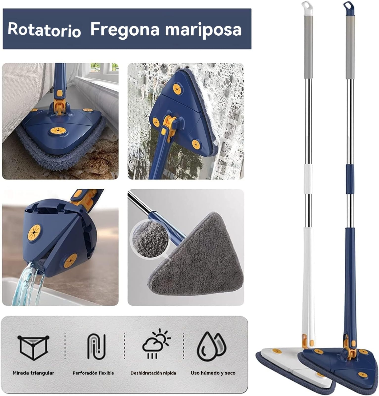 Escoba de Limpieza Triangular giratoria de 360 Grados, Ajustable, Herramienta de Limpieza multifunción, fregona de Prensa automática (Escoba Azul + 6 paños de fregona) (Azul)