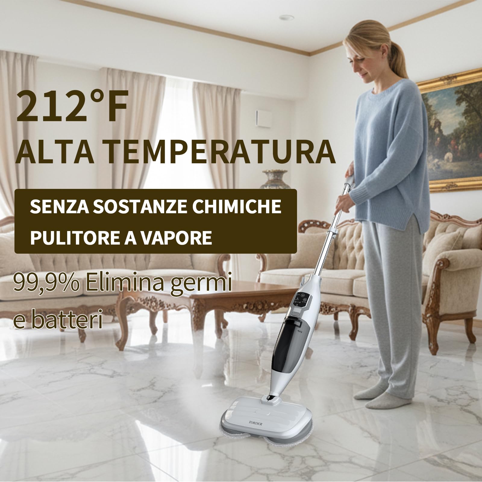 Steam Mop, lavapavimenti a Vapore per la Pulizia, pulitore a Vapore Portatile Multiuso, 13 Accessori, per Pavimenti in Legno, Laminato, Vinile, Piastrelle, Marmo